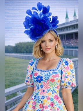Kentucky Derby Royal Blue Floral + Feather Statement Fascinator Beaded Headband